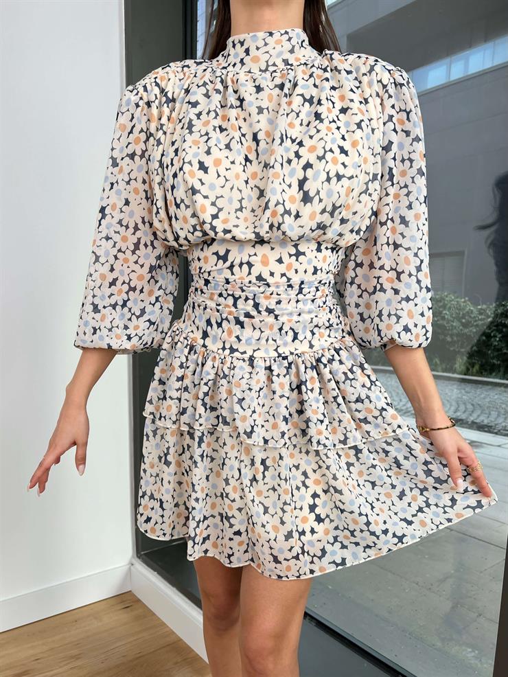 Yarım Boğazlı Belden Oturtmalı Finally Kadın Çiçekli Mavi Mini Elbise 24Y033