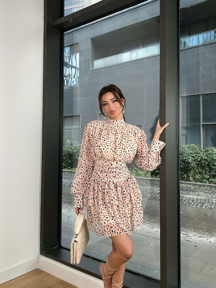 Yarım Boğazlı Belden Oturtmalı Finally Kadın Çiçekli Kahve Mini Elbise 24Y033