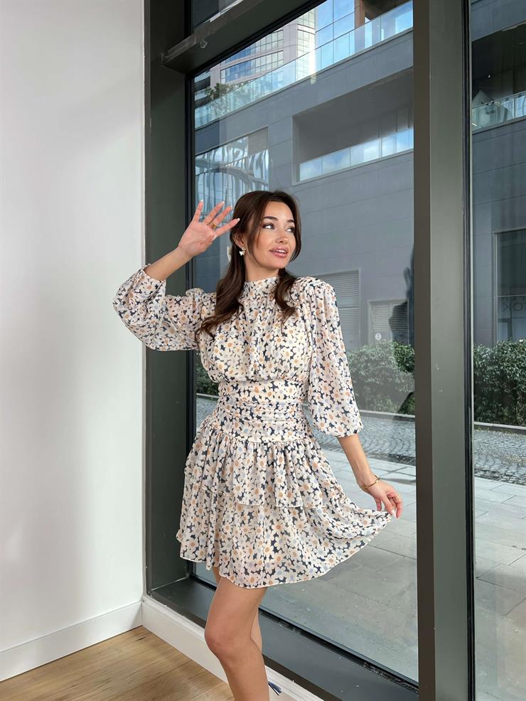 Yarım Boğazlı Belden Oturtmalı Finally Kadın Çiçekli Mavi Mini Elbise 24Y033