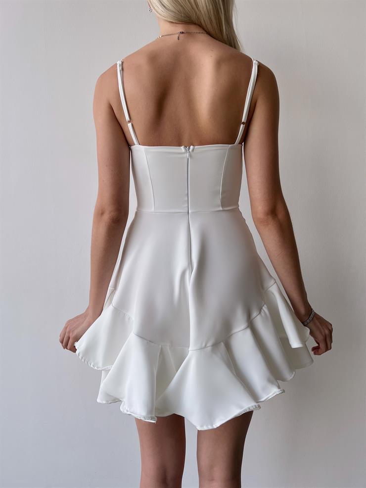 Ayarlanabilir İnce Askılı Eteği Volanlı Finn Kadın Beyaz Mini Elbise 23Y000164