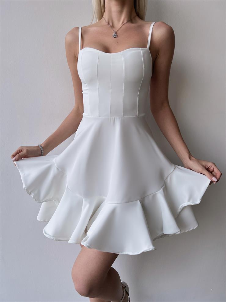 Ayarlanabilir İnce Askılı Eteği Volanlı Finn Kadın Beyaz Mini Elbise 23Y000164