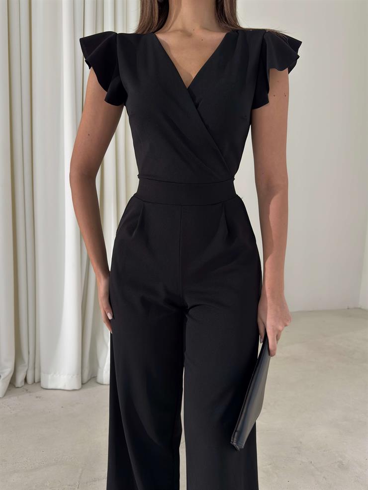 Kruvaze Yaka Fermuarlı Yüksek Bel Fiola Siyah Kadın Tulum 26K413