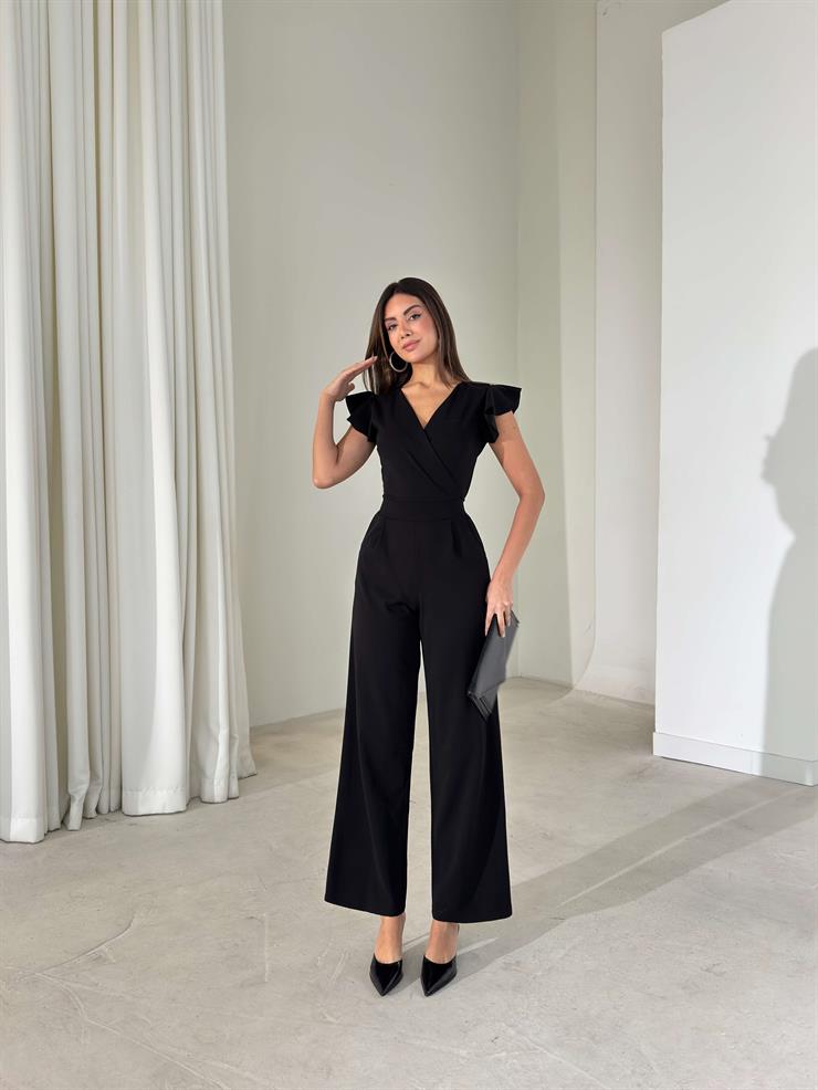 Kruvaze Yaka Fermuarlı Yüksek Bel Fiola Siyah Kadın Tulum 26K413