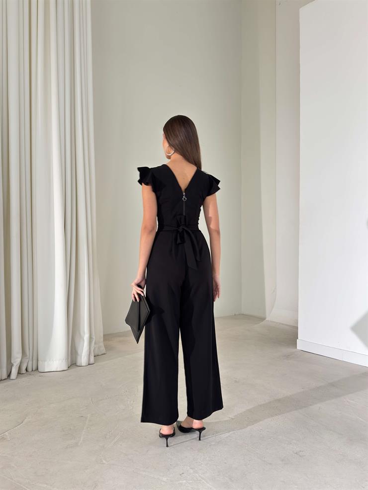 Kruvaze Yaka Fermuarlı Yüksek Bel Fiola Siyah Kadın Tulum 26K413