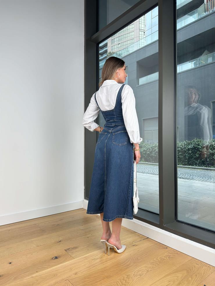 Kare Yaka Askılı Fione Mavi Kadın Kot Elbise 25Y066