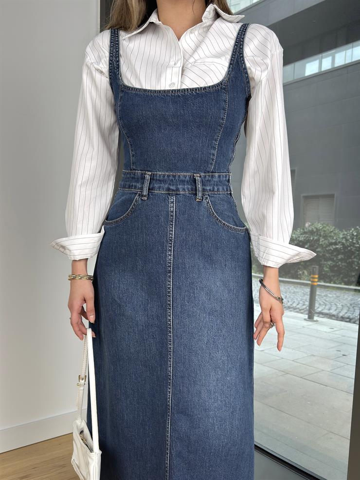 Kare Yaka Askılı Fione Mavi Kadın Kot Elbise 25Y066