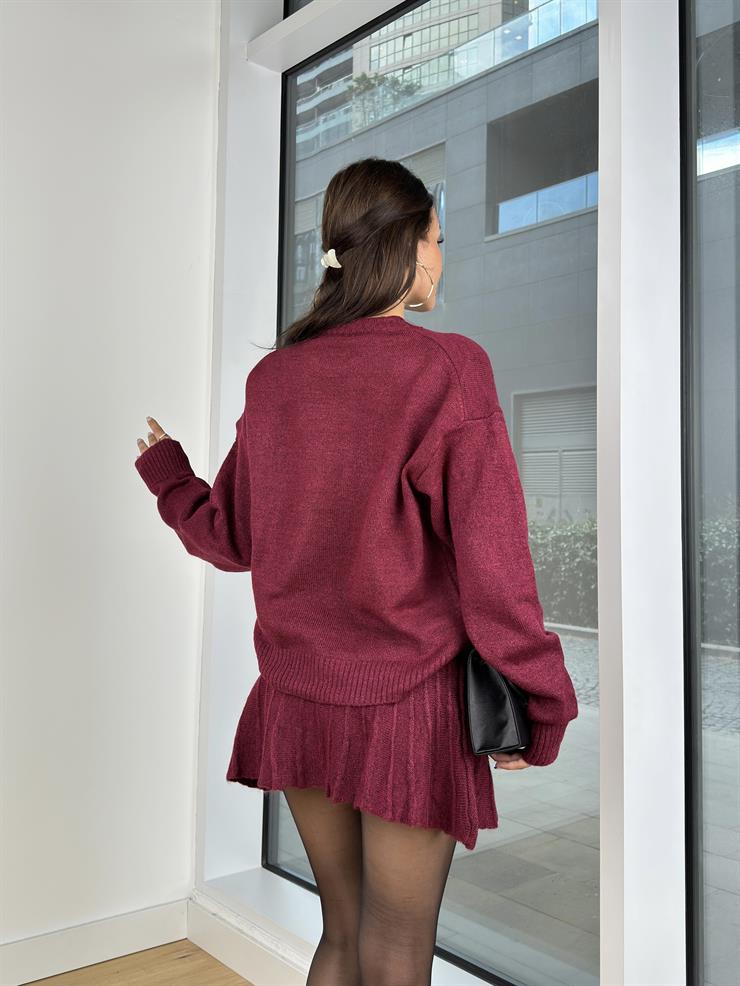 Bisiklet Yaka Kazak Pileli Yüksek Bel Mini Etek Firas Kadın Triko Bordo Takım 25K116