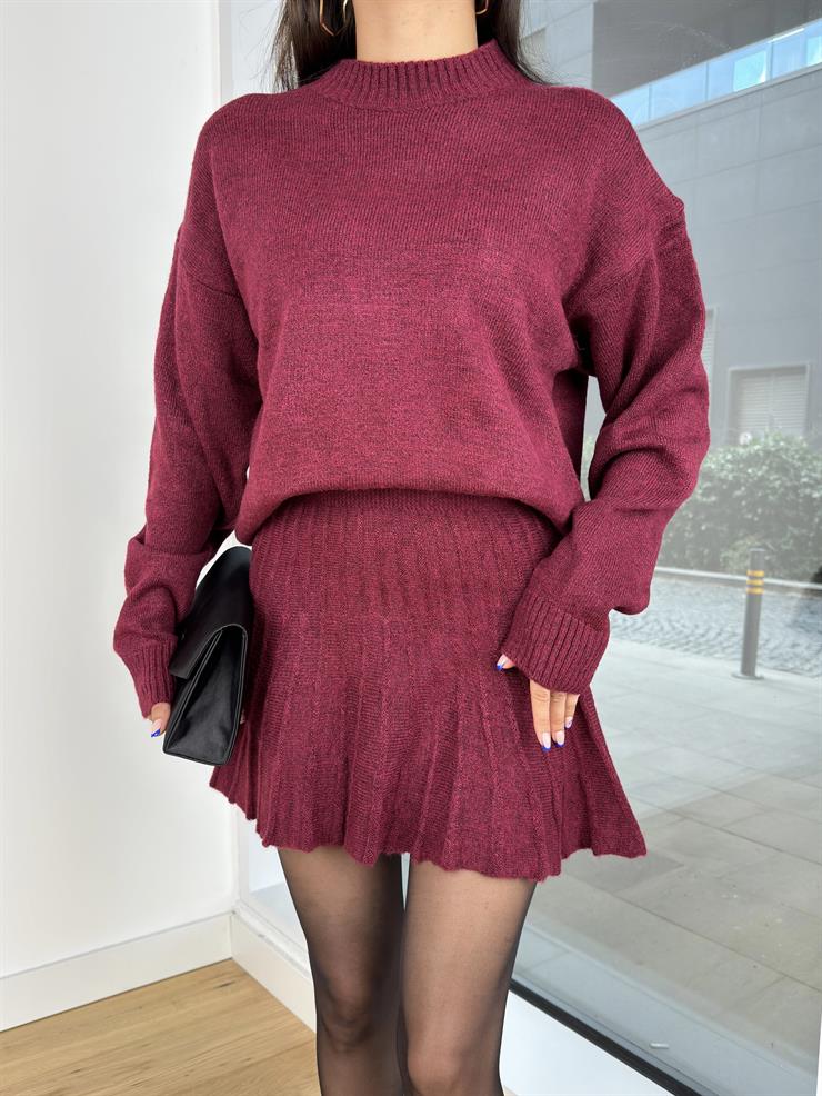 Bisiklet Yaka Kazak Pileli Yüksek Bel Mini Etek Firas Kadın Triko Bordo Takım 25K116