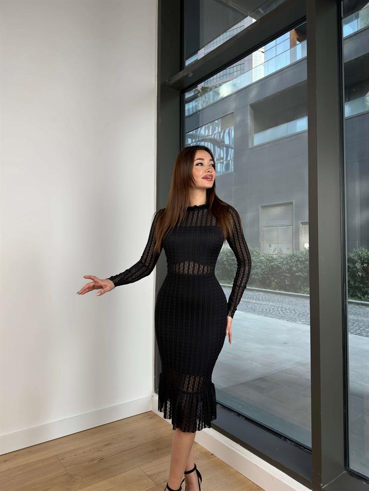 Fırfırlı Dik Yaka Dantel Uzun Kollu Birdie Kadın Siyah Midi Elbise 23Y000095
