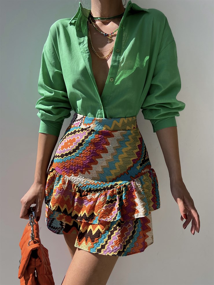 Fırfırlı Etnik Desen Karla Kadın Turuncu Şort Etek 22Y000301