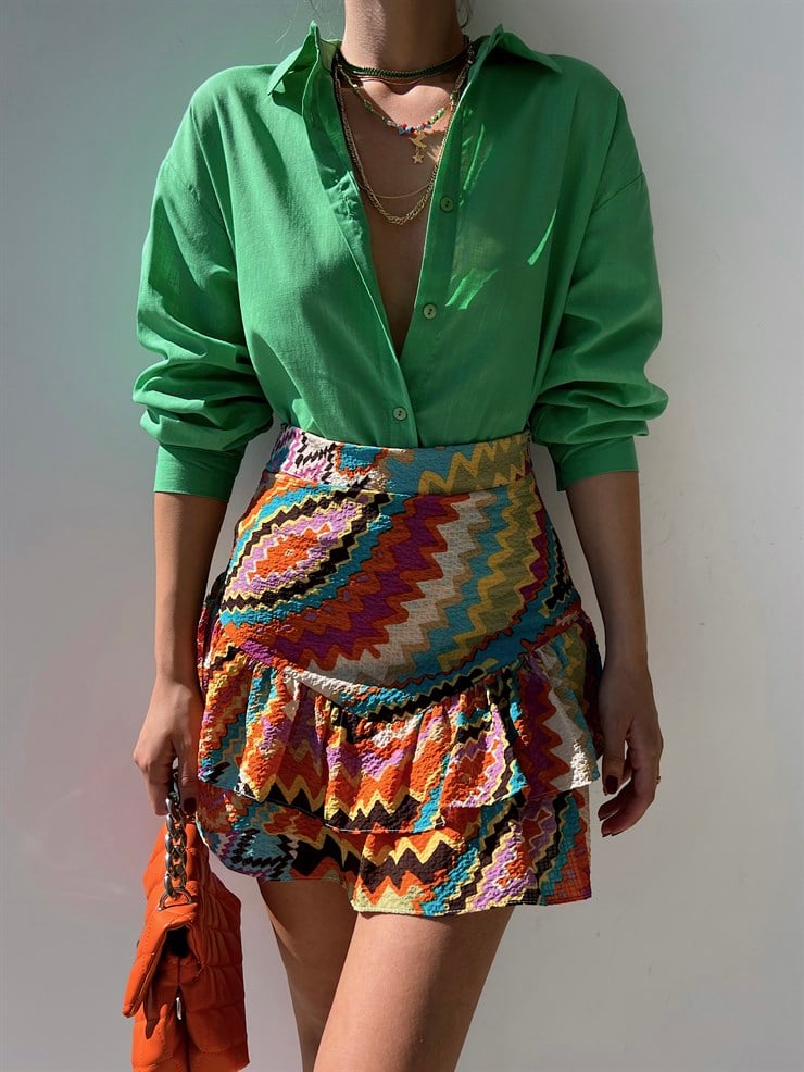 Fırfırlı Etnik Desen Karla Kadın Turuncu Şort Etek 22Y000301