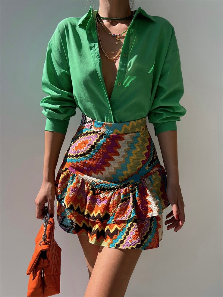 Fırfırlı Etnik Desen Karla Kadın Turuncu Şort Etek 22Y000301