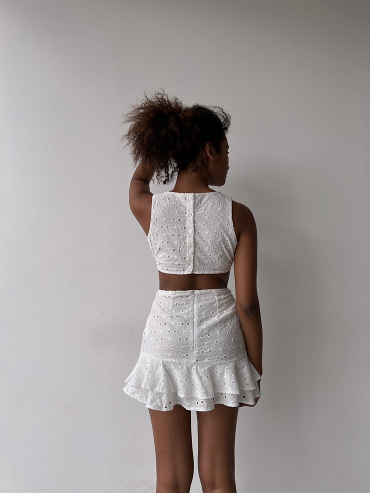 Fistolu Kumaş Fırfırlı Bel Dekolteli Mattia Kadın Beyaz Mini Elbise 22Y000459