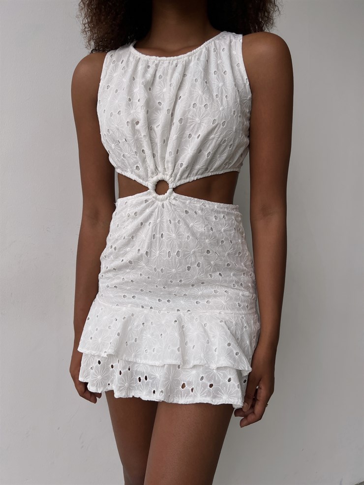 Fistolu Kumaş Fırfırlı Bel Dekolteli Mattia Kadın Beyaz Mini Elbise 22Y000459