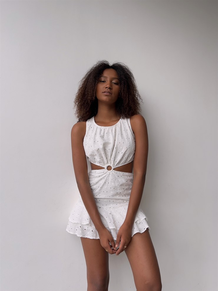 Fistolu Kumaş Fırfırlı Bel Dekolteli Mattia Kadın Beyaz Mini Elbise 22Y000459