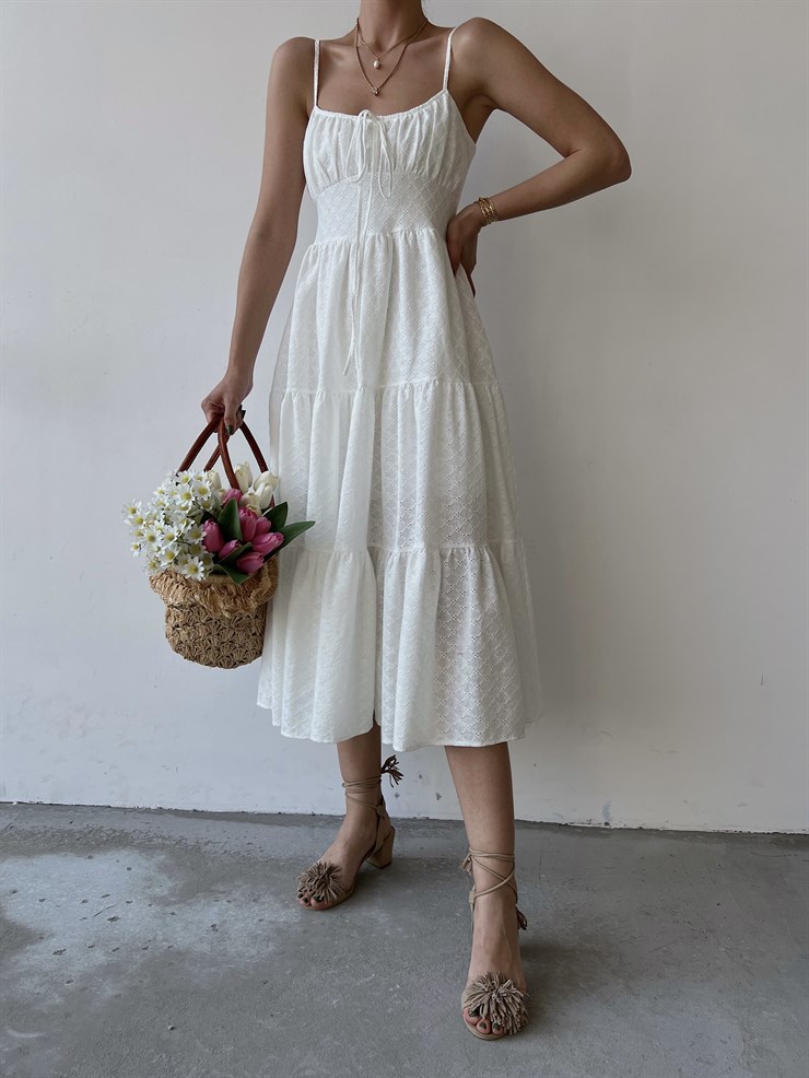 Fiston Kumaş Volanlı İnce Askılı Trixy Kadın Beyaz Uzun Elbise 22Y000337