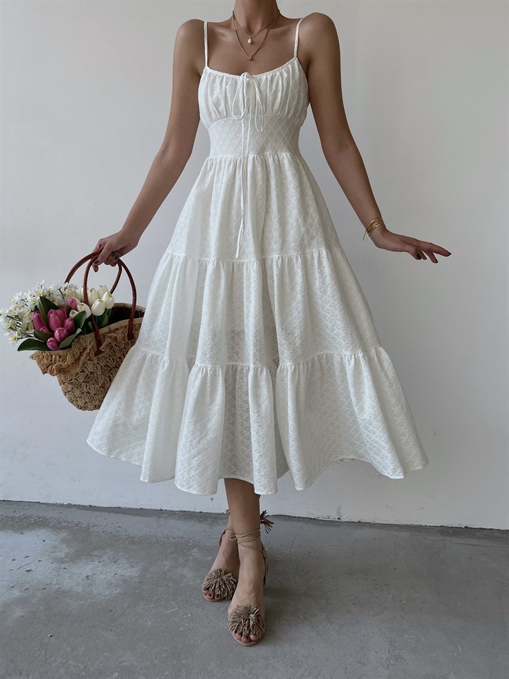 Fiston Kumaş Volanlı İnce Askılı Trixy Kadın Beyaz Uzun Elbise 22Y000337