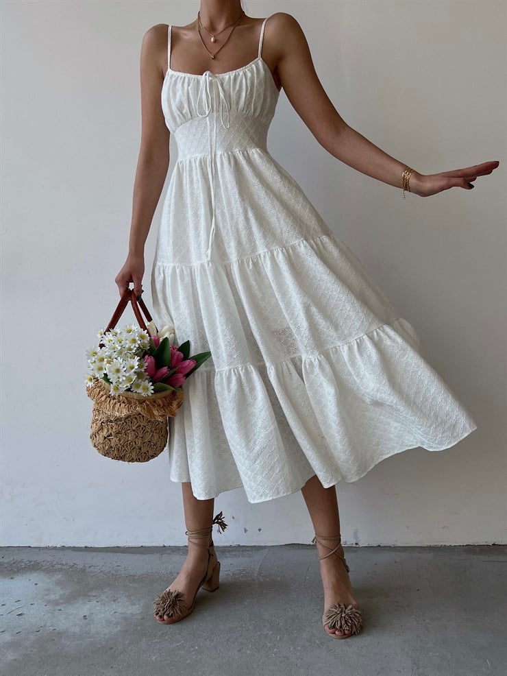 Fiston Kumaş Volanlı İnce Askılı Trixy Kadın Beyaz Uzun Elbise 22Y000337