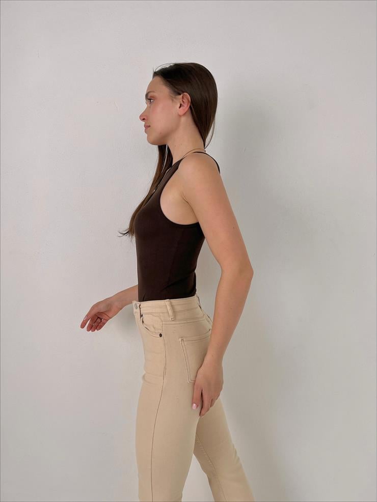 Kalın Askı Fitilli Çıtçıtlı Kadın Kahve  Bodysuit 23Y000073