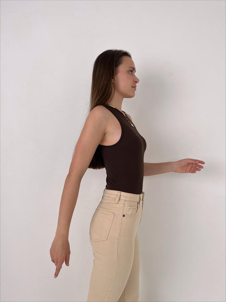 Kalın Askı Fitilli Çıtçıtlı Kadın Kahve  Bodysuit 23Y000073