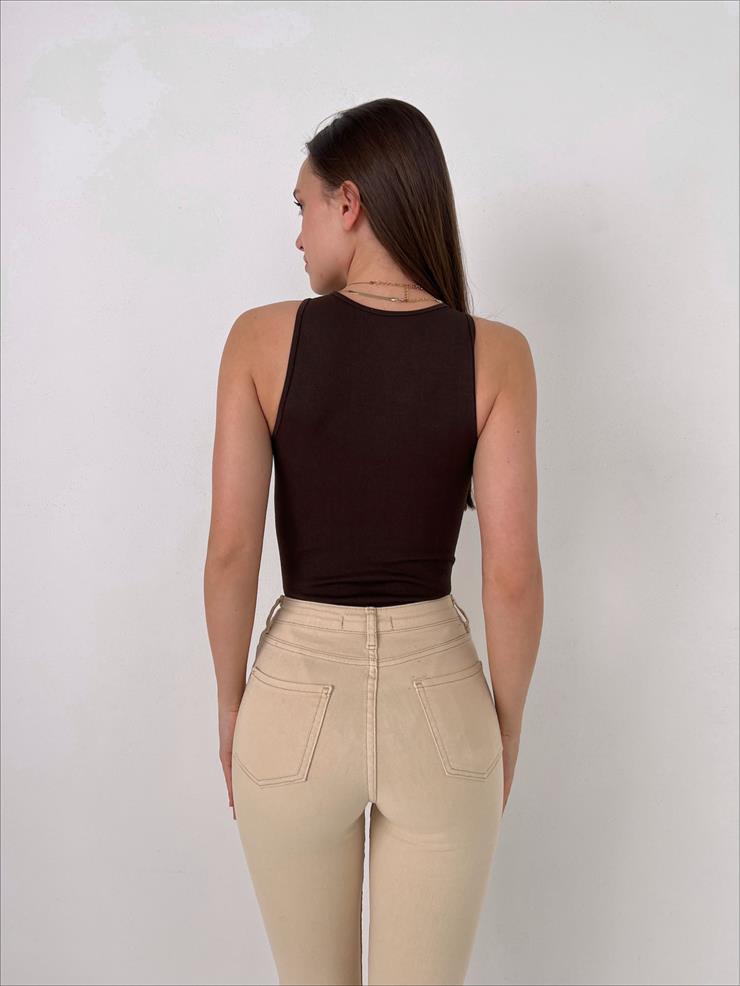 Kalın Askı Fitilli Çıtçıtlı Kadın Kahve  Bodysuit 23Y000073