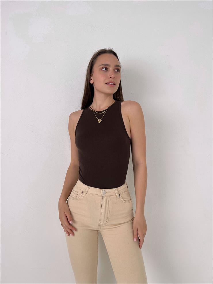 Kalın Askı Fitilli Çıtçıtlı Kadın Kahve  Bodysuit 23Y000073