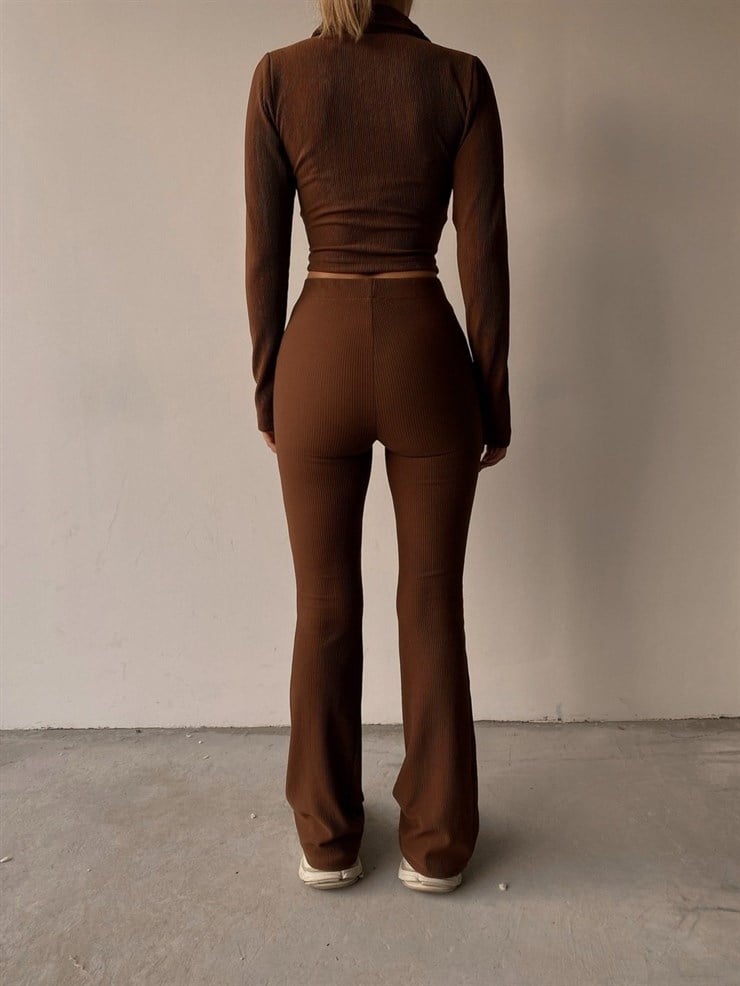 Fitilli Önden Fermuarlı Üst İspanyol Paça Alt Aubrie Kadın Kahverengi İkili Takım 22K000296