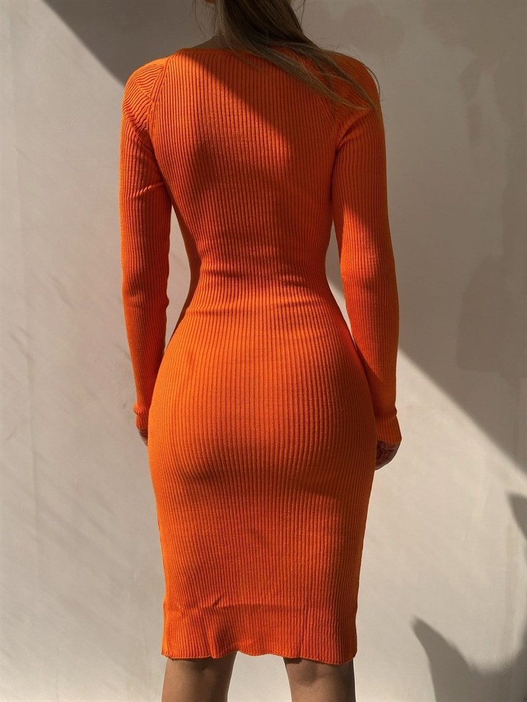 Fitilli Önden Yırtmaçlı Kalp Yaka Astin Kadın Turuncu Elbise 21Y000555