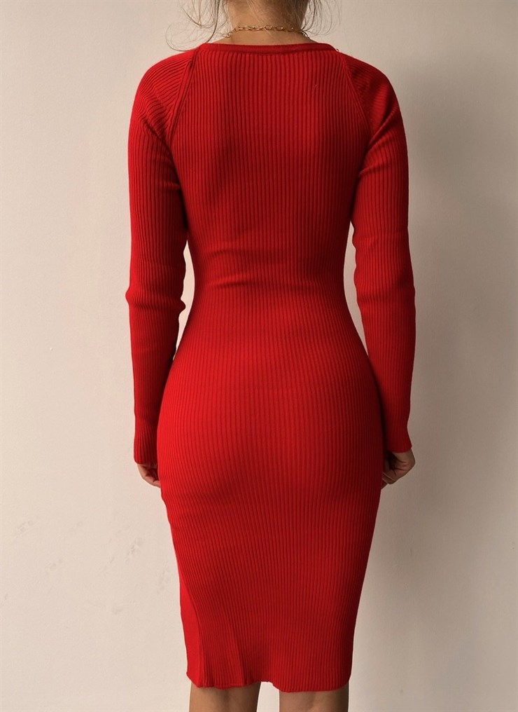 Fitilli Önden Yırtmaçlı Kalp Yaka Astin Kadın Kırmızı Elbise 21Y000555