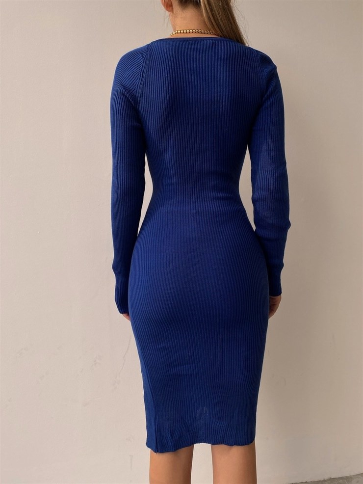 Fitilli Önden Yırtmaçlı Kalp Yaka Astin Kadın Saks Elbise 21Y000555