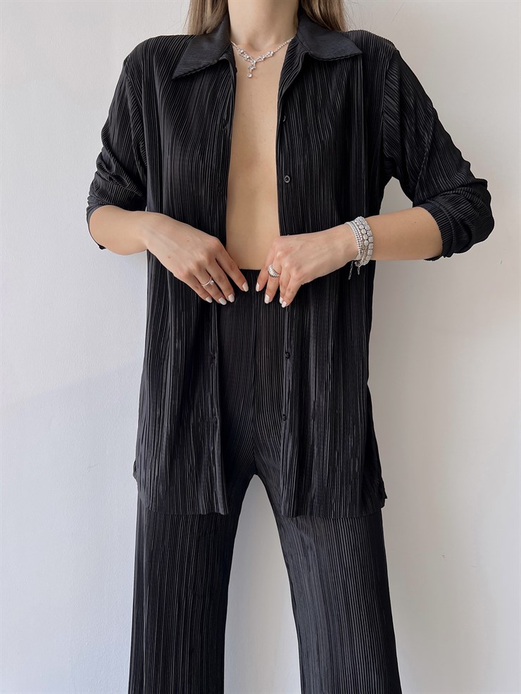 Fitilli Piliseli Kumaş Tatiana Kadın Siyah İkili Takım 22Y000295