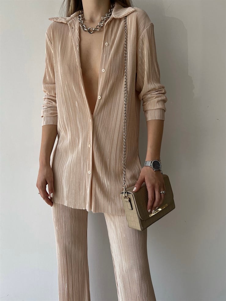 Fitilli Piliseli Kumaş Tatiana Kadın Taş Renk İkili Takım 22Y000295