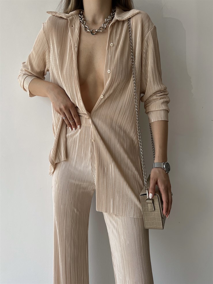 Fitilli Piliseli Kumaş Tatiana Kadın Taş Renk İkili Takım 22Y000295