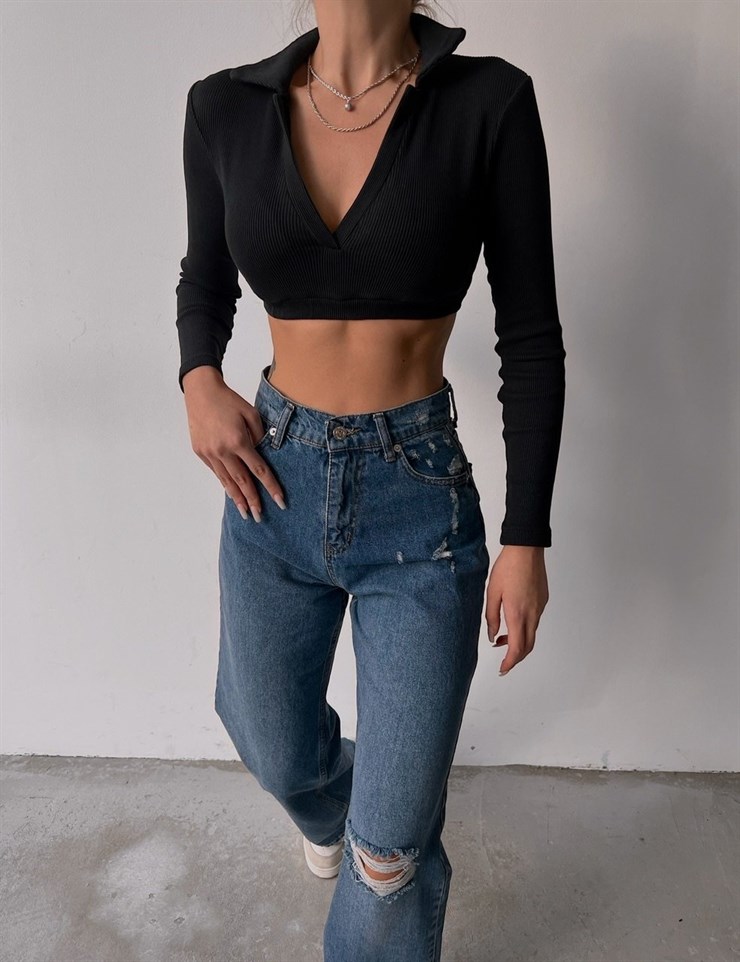 Fitilli Polo Yaka Alcide Kadın Siyah Crop Bluz 22K000453