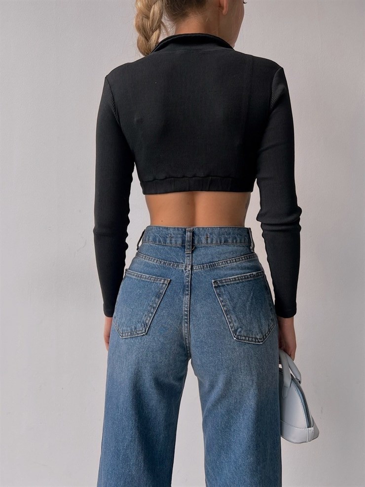 Fitilli Polo Yaka Alcide Kadın Siyah Crop Bluz 22K000453