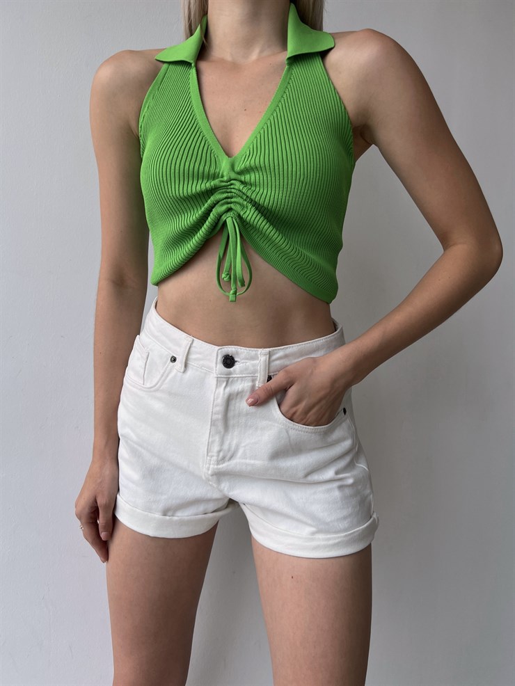 Fitilli Polo Yaka Önü Ayarlanabilir Bağcıklı Kaiya Kadın Yeşil Triko Bluz 22Y000311