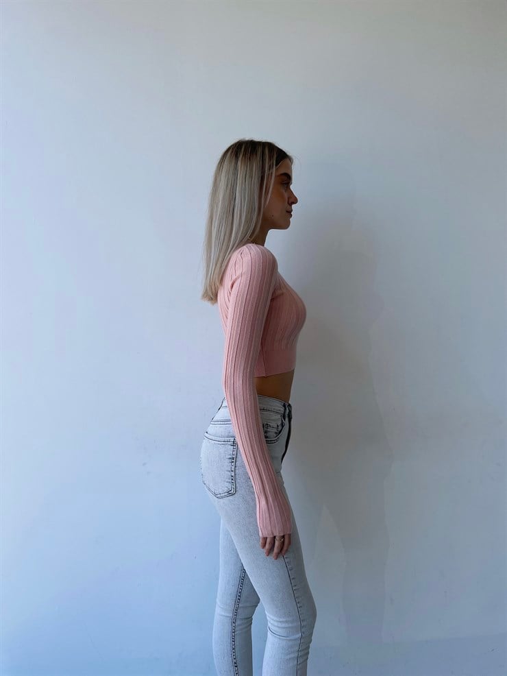 Fitilli Uzun Kol Baldric Kadın Gül Kurusu Triko Crop 23K000018