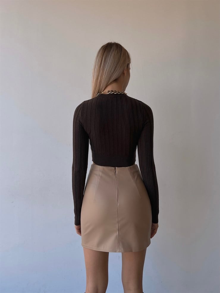 Fitilli Uzun Kol Baldric Kadın Kahve Triko Crop 23K000018