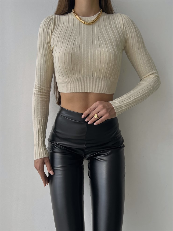 Fitilli Uzun Kol Baldric Kadın Krem Triko Crop 23K000018