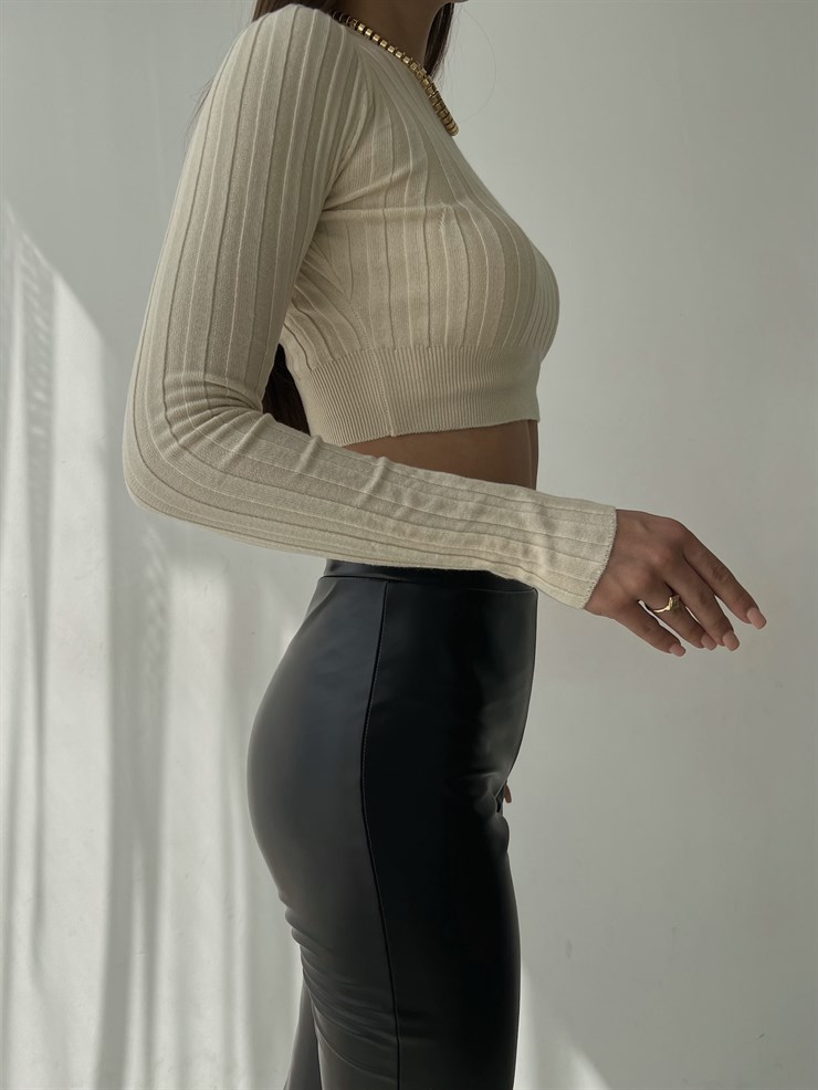 Fitilli Uzun Kol Baldric Kadın Krem Triko Crop 23K000018