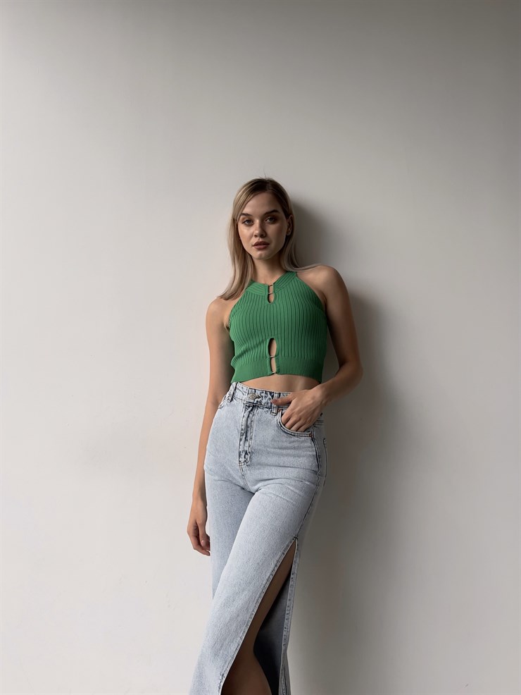 Fitilli Yaka Ve Etek Kısmı Pencere Detay Kayla Kadın Yeşil Triko Atlet 22Y000312