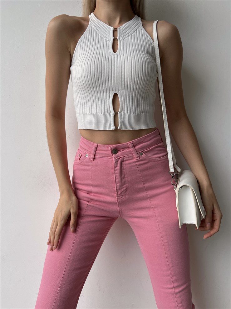 Fitilli Yaka Ve Etek Kısmı Pencere Detay Kayla Kadın Beyaz Triko Atlet 22Y000312