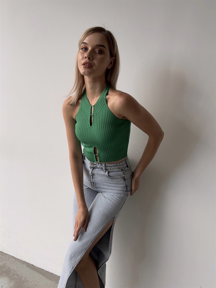 Fitilli Yaka Ve Etek Kısmı Pencere Detay Kayla Kadın Yeşil Triko Atlet 22Y000312