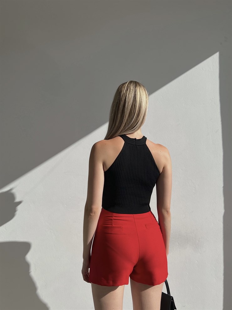 Fitilli Yaka Ve Etek Kısmı Pencere Detay Kayla Kadın Siyah Triko Atlet 22Y000312