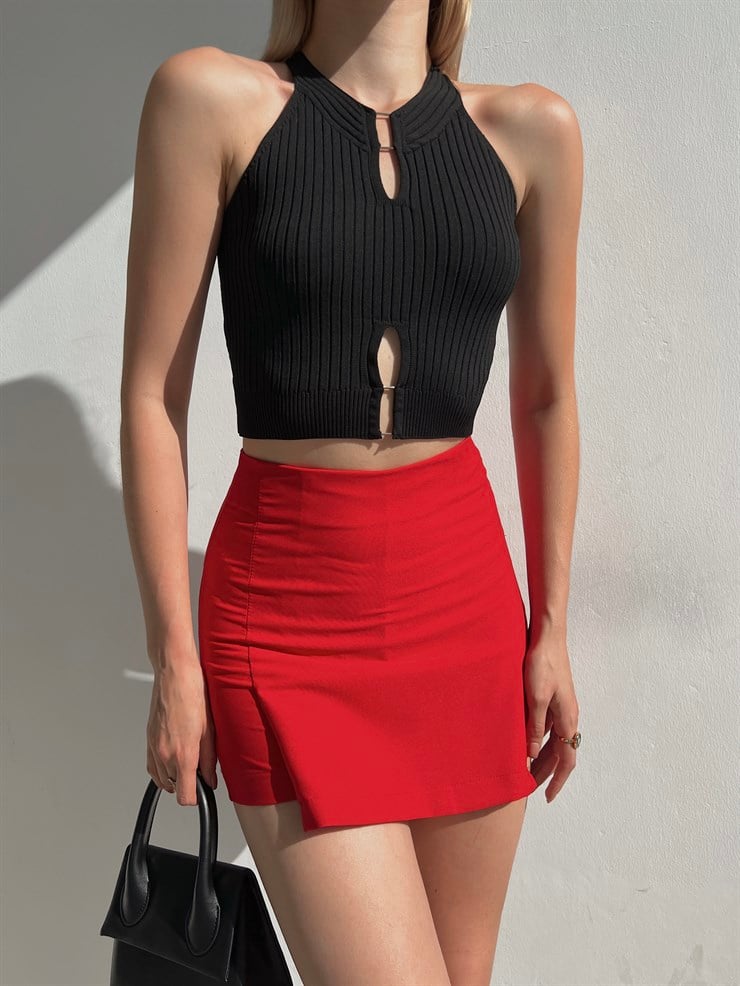 Fitilli Yaka Ve Etek Kısmı Pencere Detay Kayla Kadın Siyah Triko Atlet 22Y000312