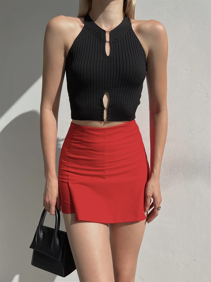 Fitilli Yaka Ve Etek Kısmı Pencere Detay Kayla Kadın Siyah Triko Atlet 22Y000312