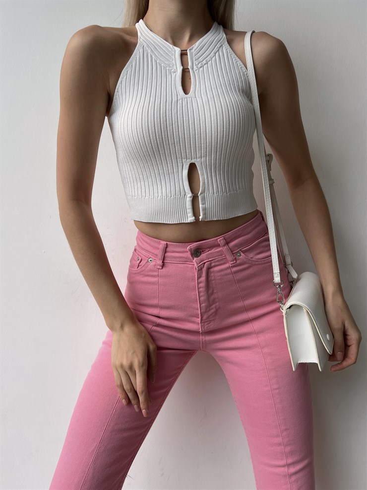 Fitilli Yaka Ve Etek Kısmı Pencere Detay Kayla Kadın Beyaz Triko Atlet 22Y000312