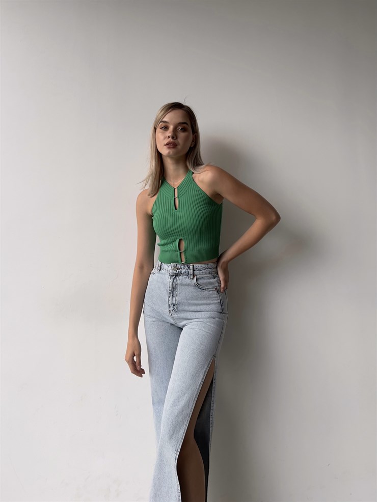 Fitilli Yaka Ve Etek Kısmı Pencere Detay Kayla Kadın Yeşil Triko Atlet 22Y000312