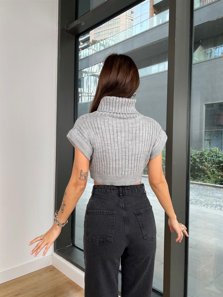 Boğazlı kısa Kollu Fjaka Kadın Gri Triko Crop 24k000148