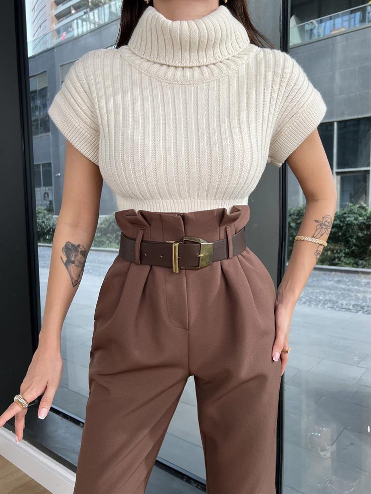 Boğazlı kısa Kollu Fjaka Kadın Taş Triko Crop 24k000148